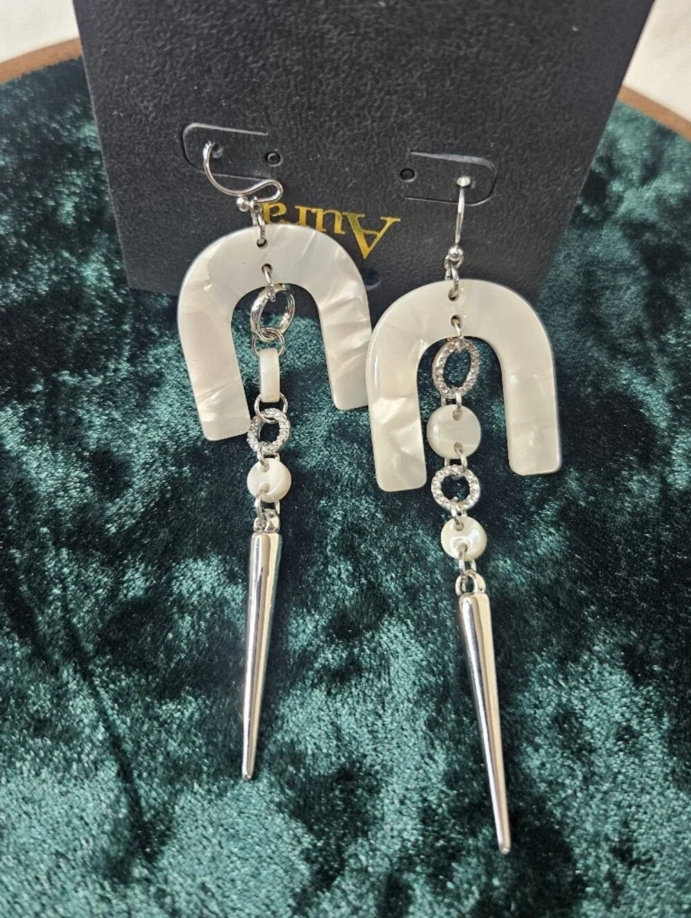 Aura Marbled Cream Arch Drop Earrings with Silver Spike